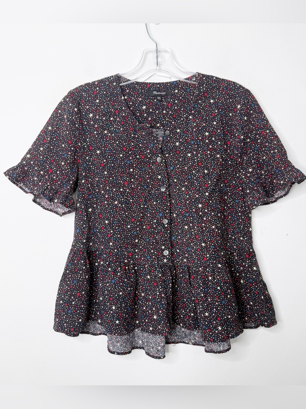 MADEWELL | Studio Ruffle Hem Top in Starry Night Button-Front Peplum Top Sz. XXS - Picture 3 of 4